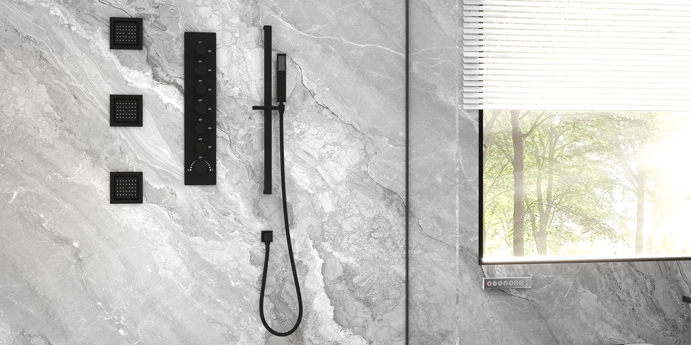 HMR - 35 Modern Thermostatic Rain Shower System 6 Functions Massage Music Remote Controlled LED