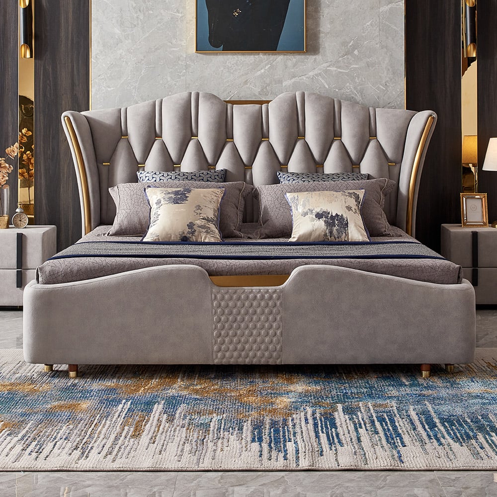 HMR - Luxury Upholstered Bed Frame with Tufted Wingback Headboard