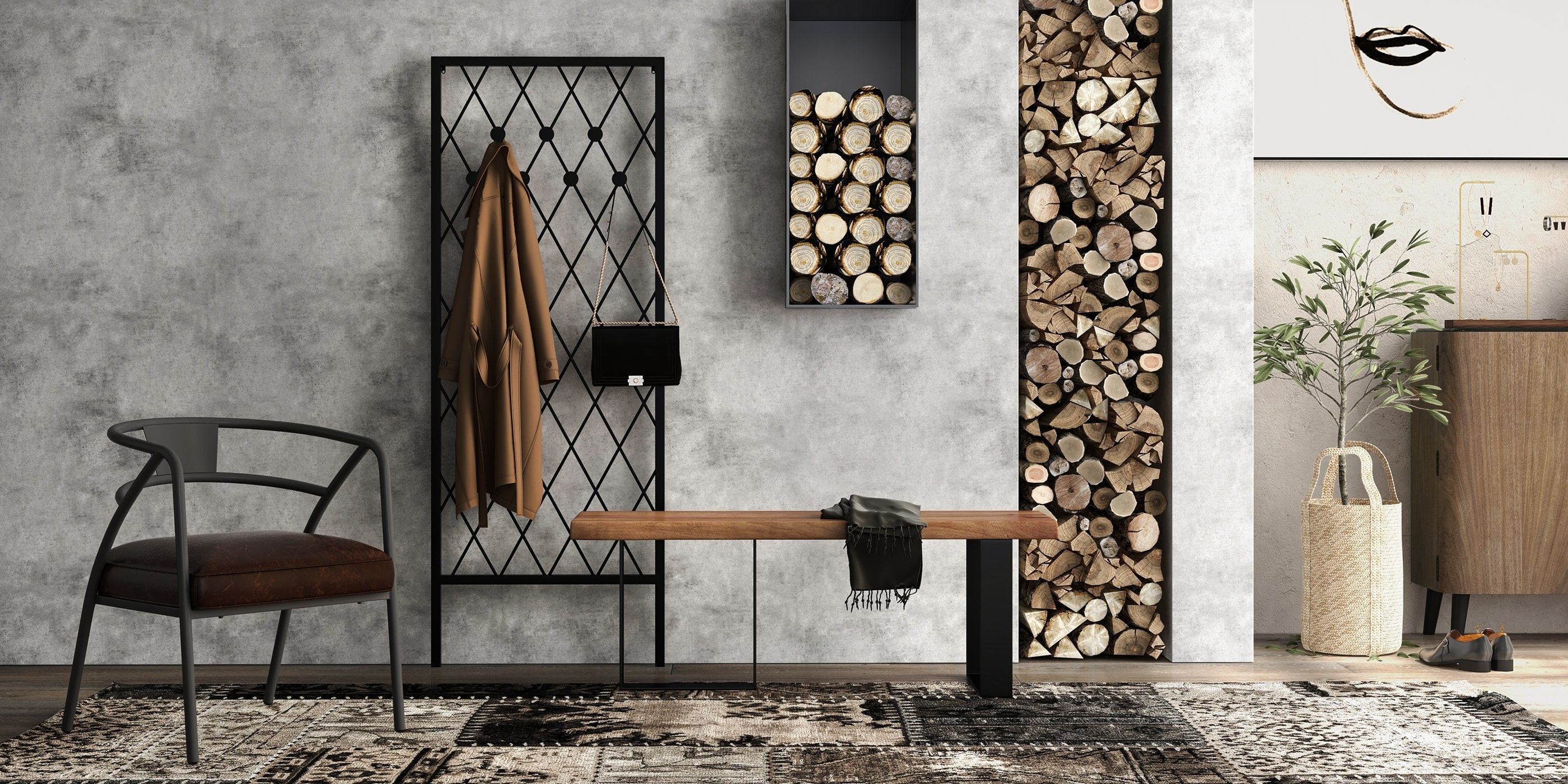 HMR - Rustic Natural Wood Bench Entryway Bench with Metal Legs