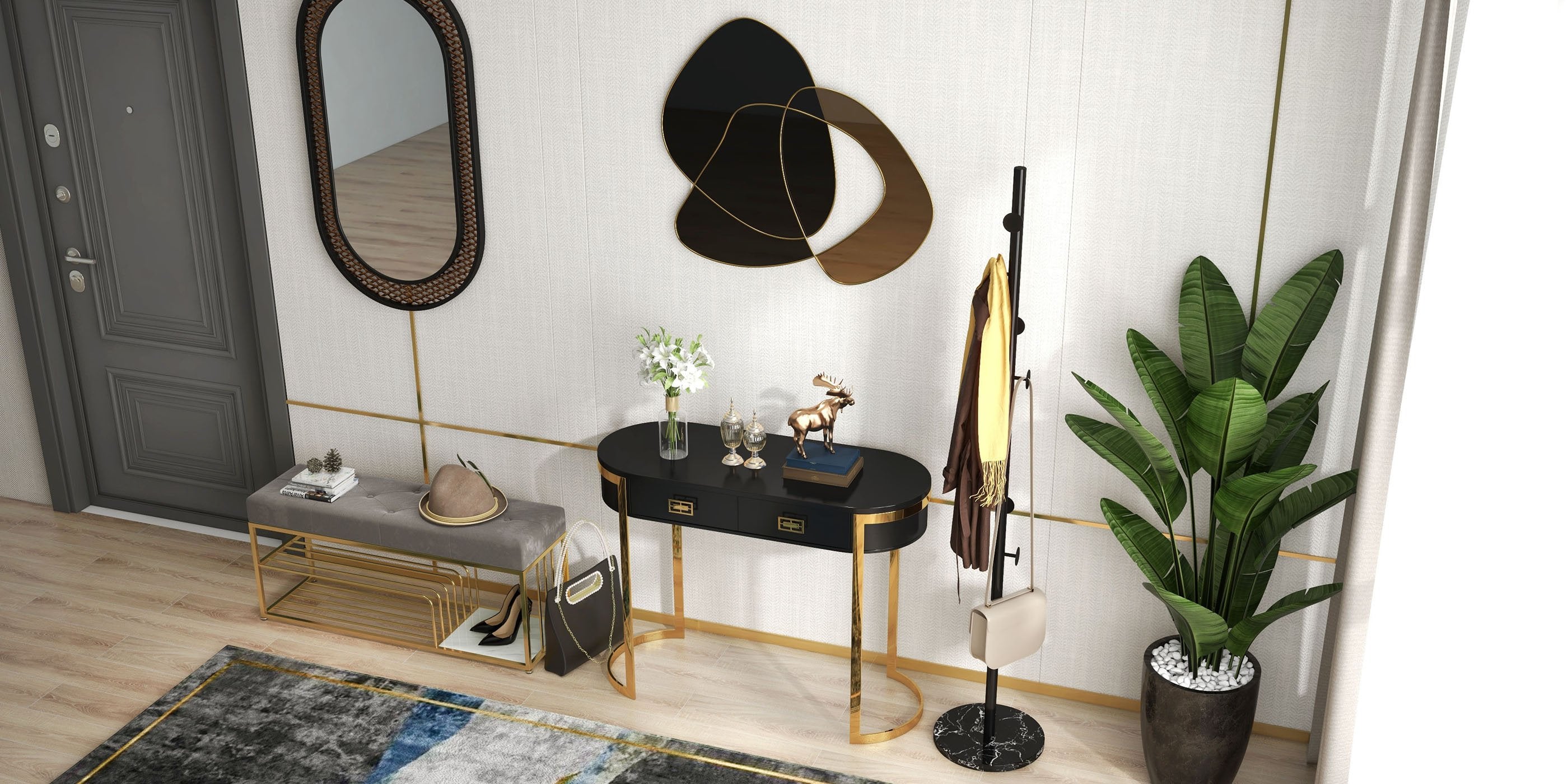 HMR - 31.5" Abstract 3D Metal Big Wall Decor Unique Modern Irregular Home Art in Black & Gold