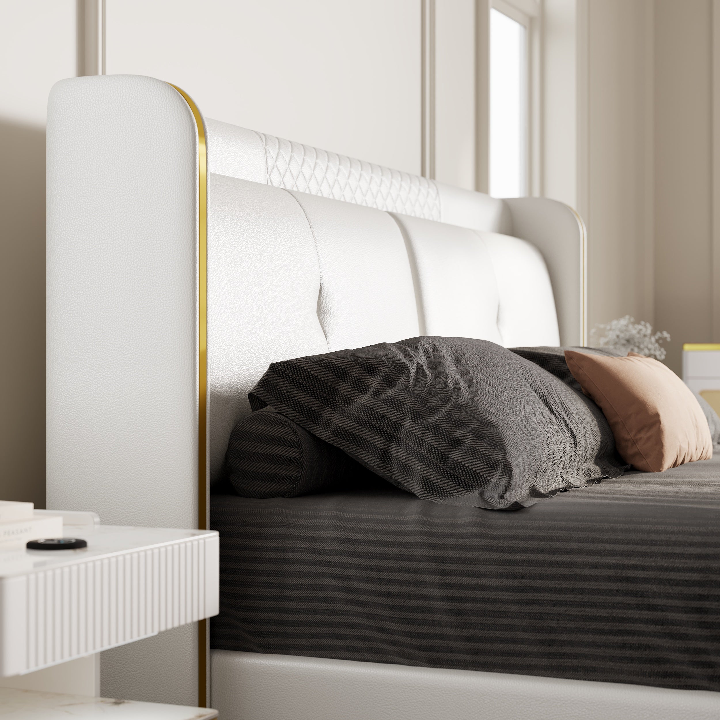 HMR - Leather Upholstered Bed with Wingback Headboard