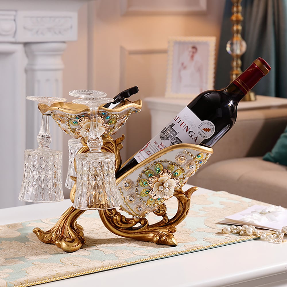 HMR - European Style Vintage Tabletop Wine Bottle Rack with Glass Holder in Gold
