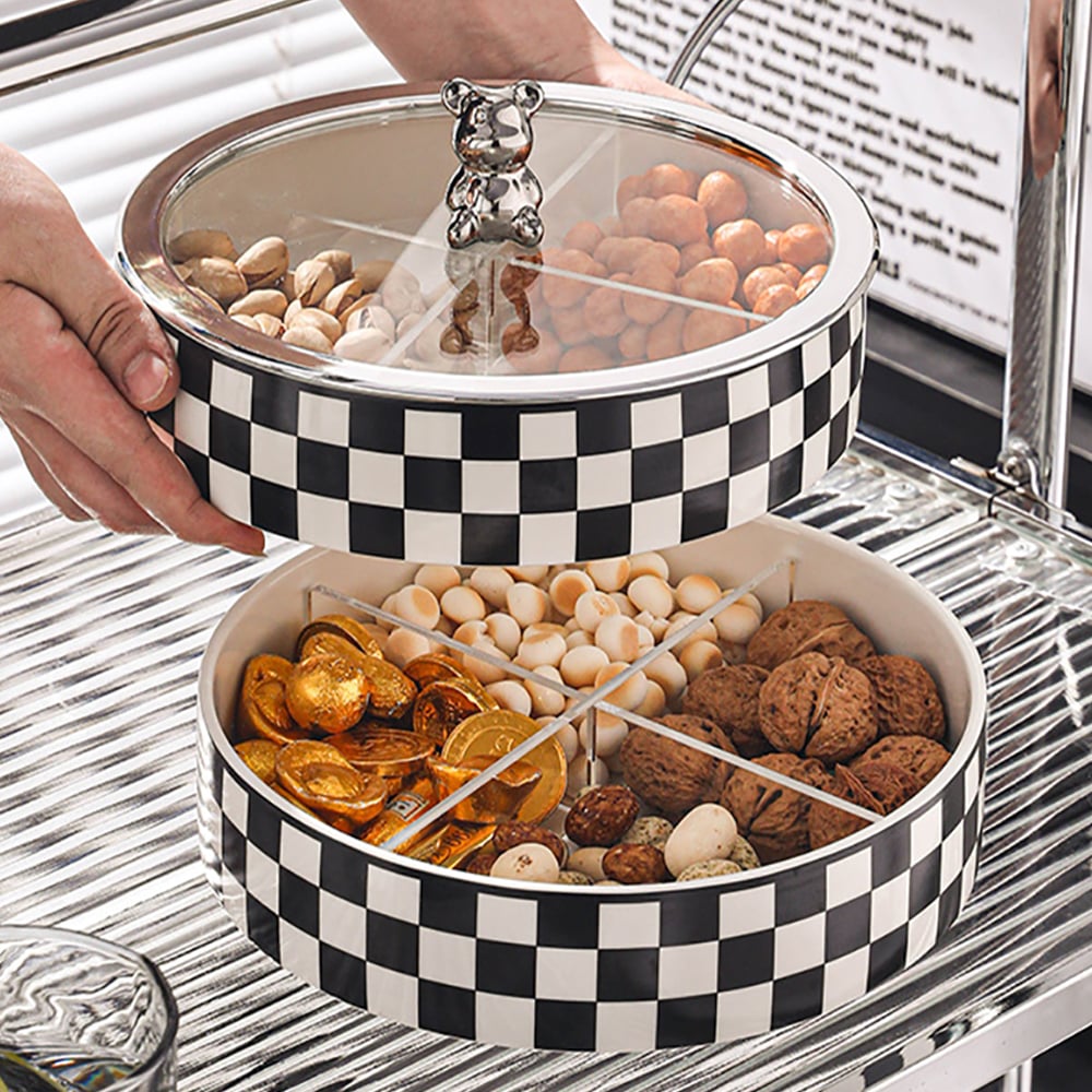 HMR - Modern 8.9" Divided Serving Tray with Lid 2 Tiered Snack Tray Food Storage Containers