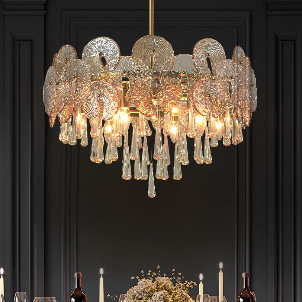 HMR - Glam 9-Light Crystal 5 Tiered Chandelier Gold Pendant Lights for Living Room