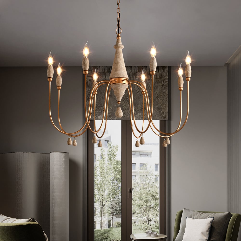 HMR - Mid Century Modern Farmhouse 8-Light Candle-Style Chandelier Wood Pendant Light in Gold