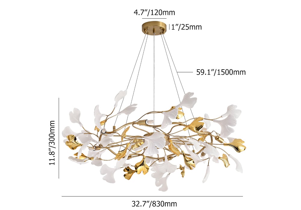 HMR - Martly 8-Light Art Deco Ginkgo Leaves Chandelier White & Gold Metal Ceiling Light
