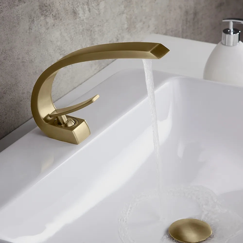 HMR - Modern 1-Handle C-Shaped Curved Spout Bathroom Sink Faucet with Pop Up Drain