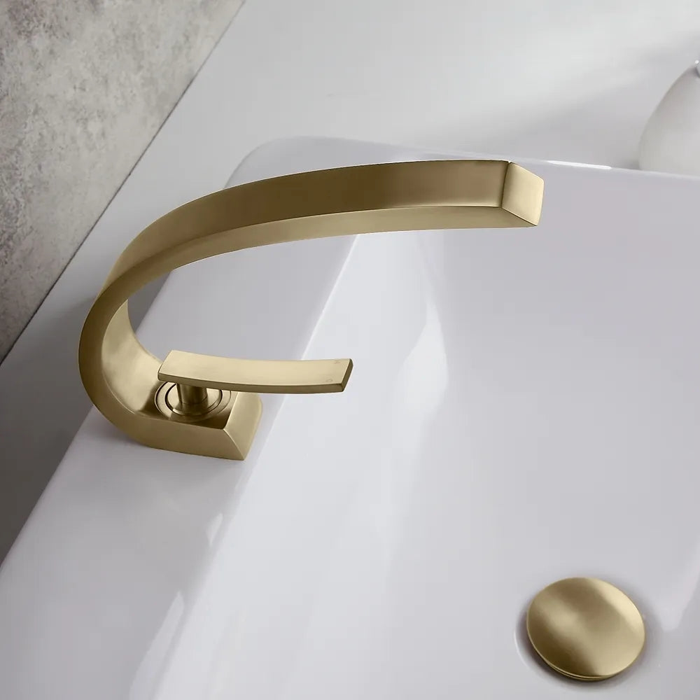 HMR - Modern 1-Handle C-Shaped Curved Spout Bathroom Sink Faucet with Pop Up Drain