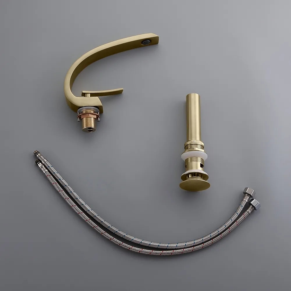 HMR - Modern 1-Handle C-Shaped Curved Spout Bathroom Sink Faucet with Pop Up Drain