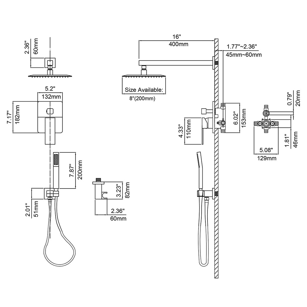 HMR - Modern 8" Wall Mounted Shower System with Handheld Shower Pressure Balance Valve