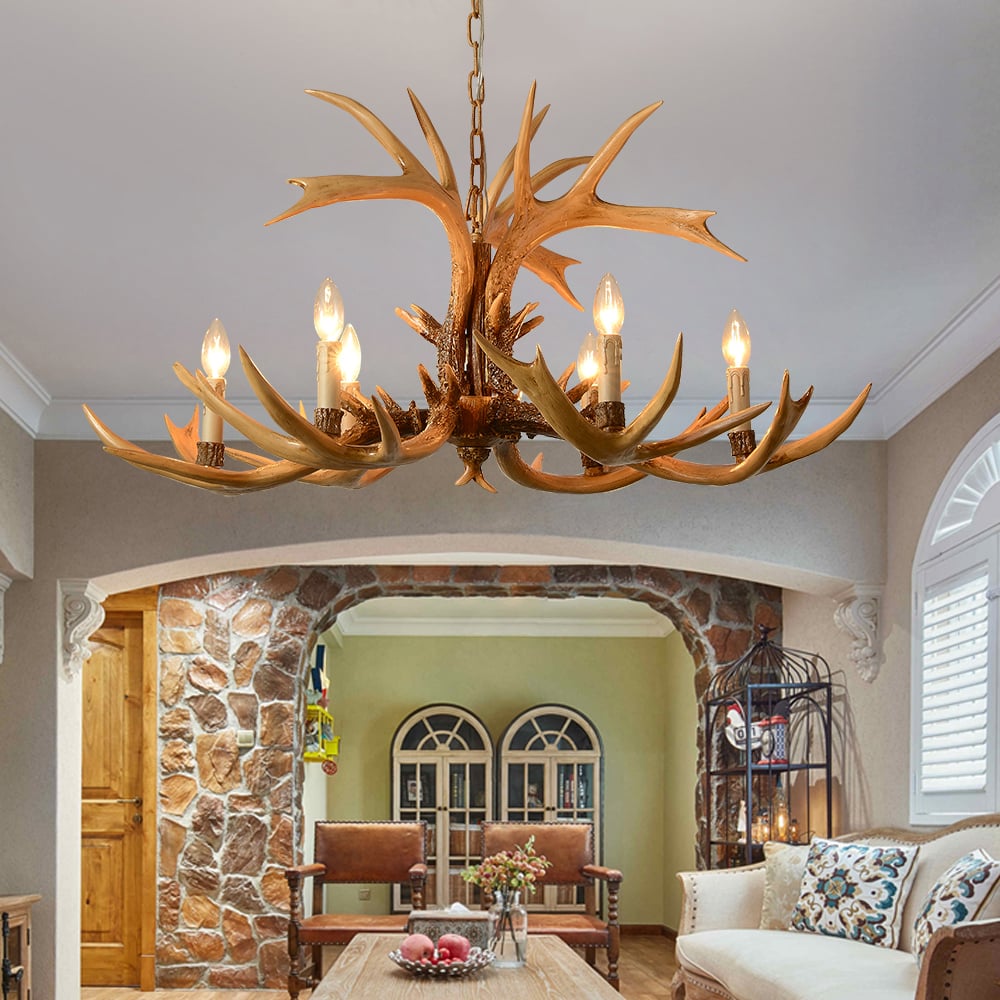 HMR - Vintage Resin Deer Horn Antler 6-Light Large Rustic Ceiling Chandelier in Gold