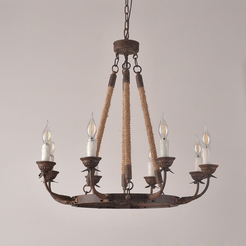HMR - Candlely Hemp Rope and Metal 8-Light Round Chandelier in Rust