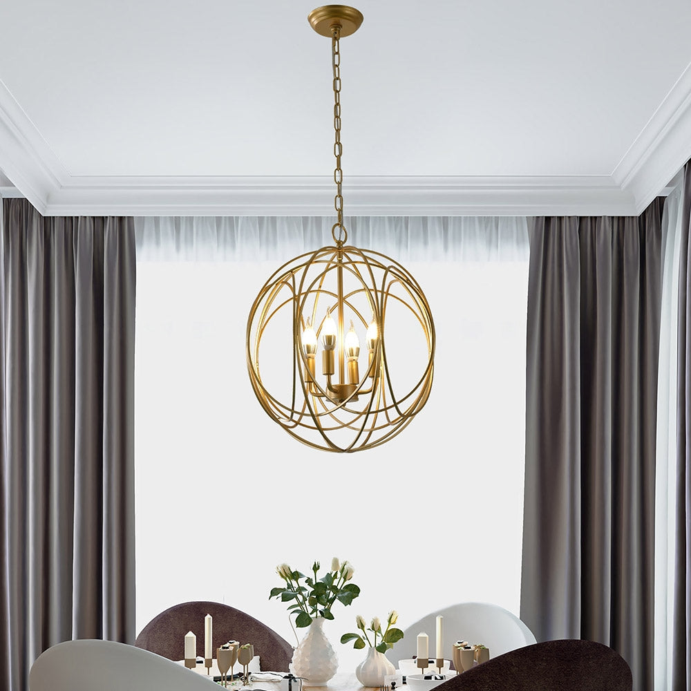 HMR - Modern 4-Light Iron Suspended Geometric Chandelier in Gold