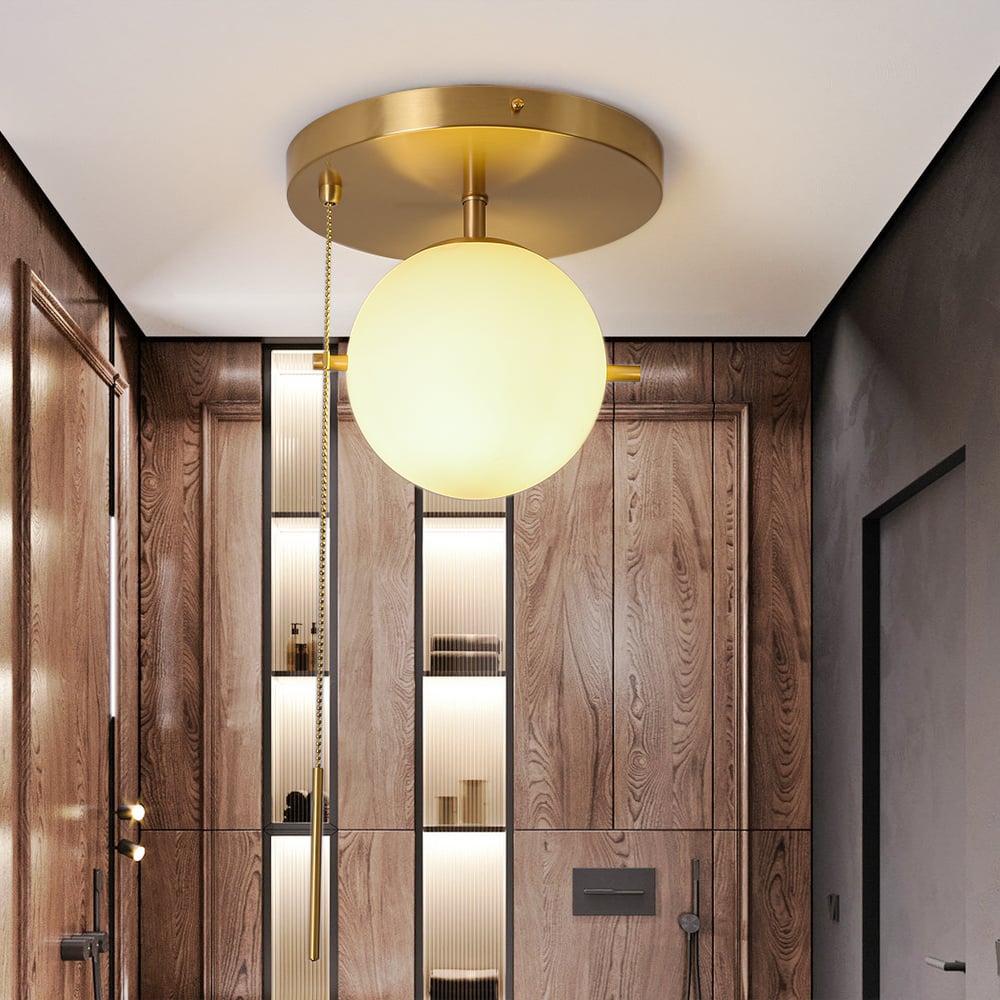 HMR - Gidu Pull Chain Globe Shade Semi Flush Mount in Metal, Glass