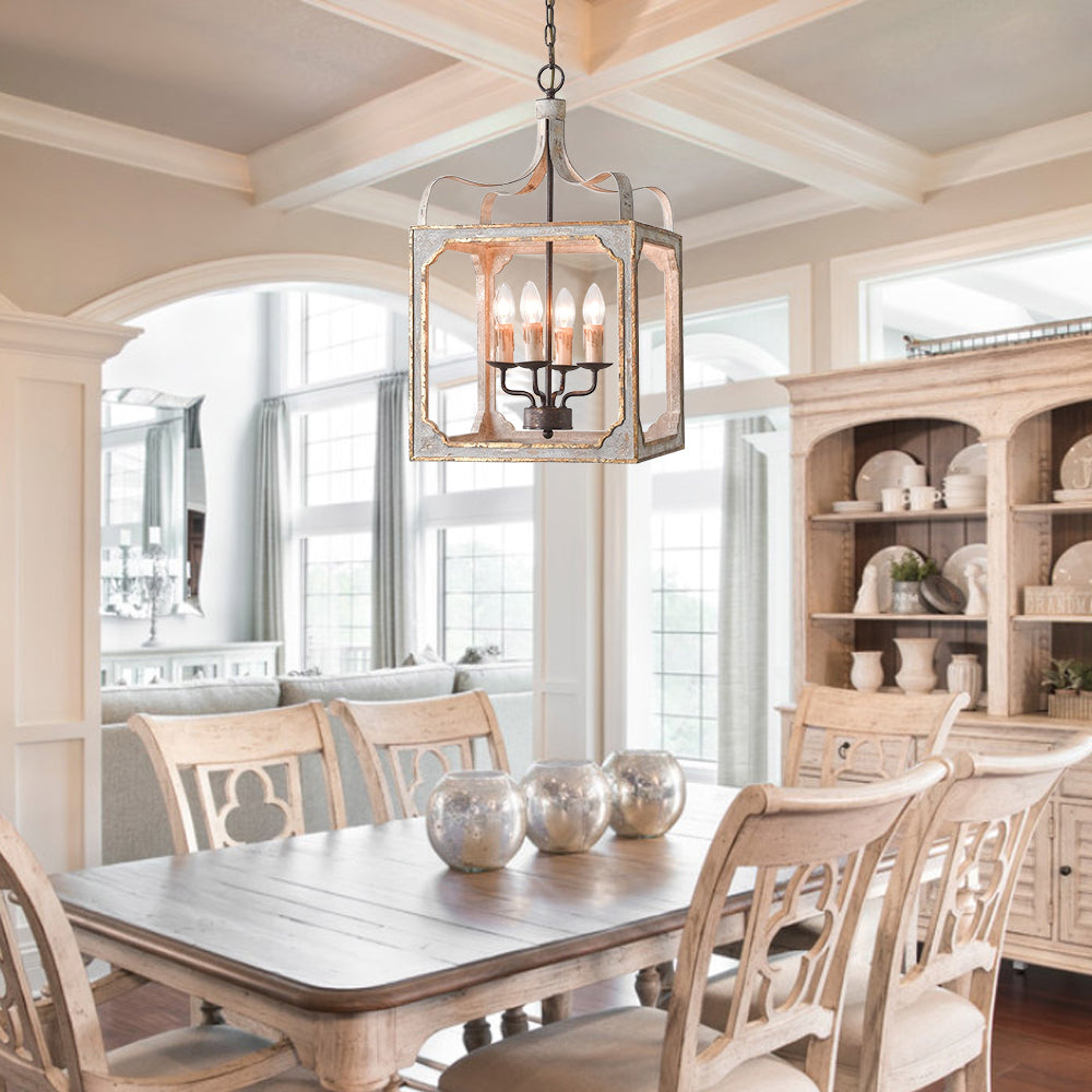 HMR - French 4-Light Lantern Chandelier Square Candelabra in Antique Gray