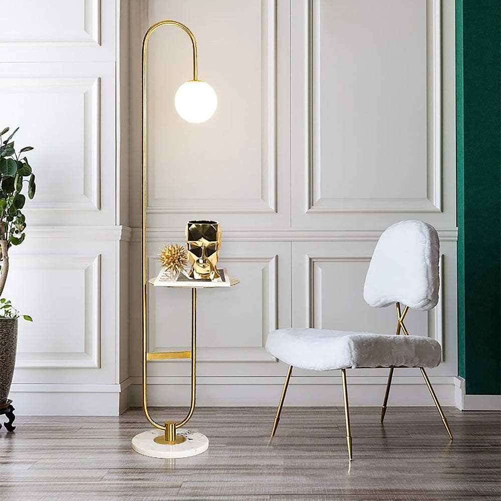 HMR - 60" Arc Floor Lamp with Shelf with Glass Shade and Marble Base in Gold