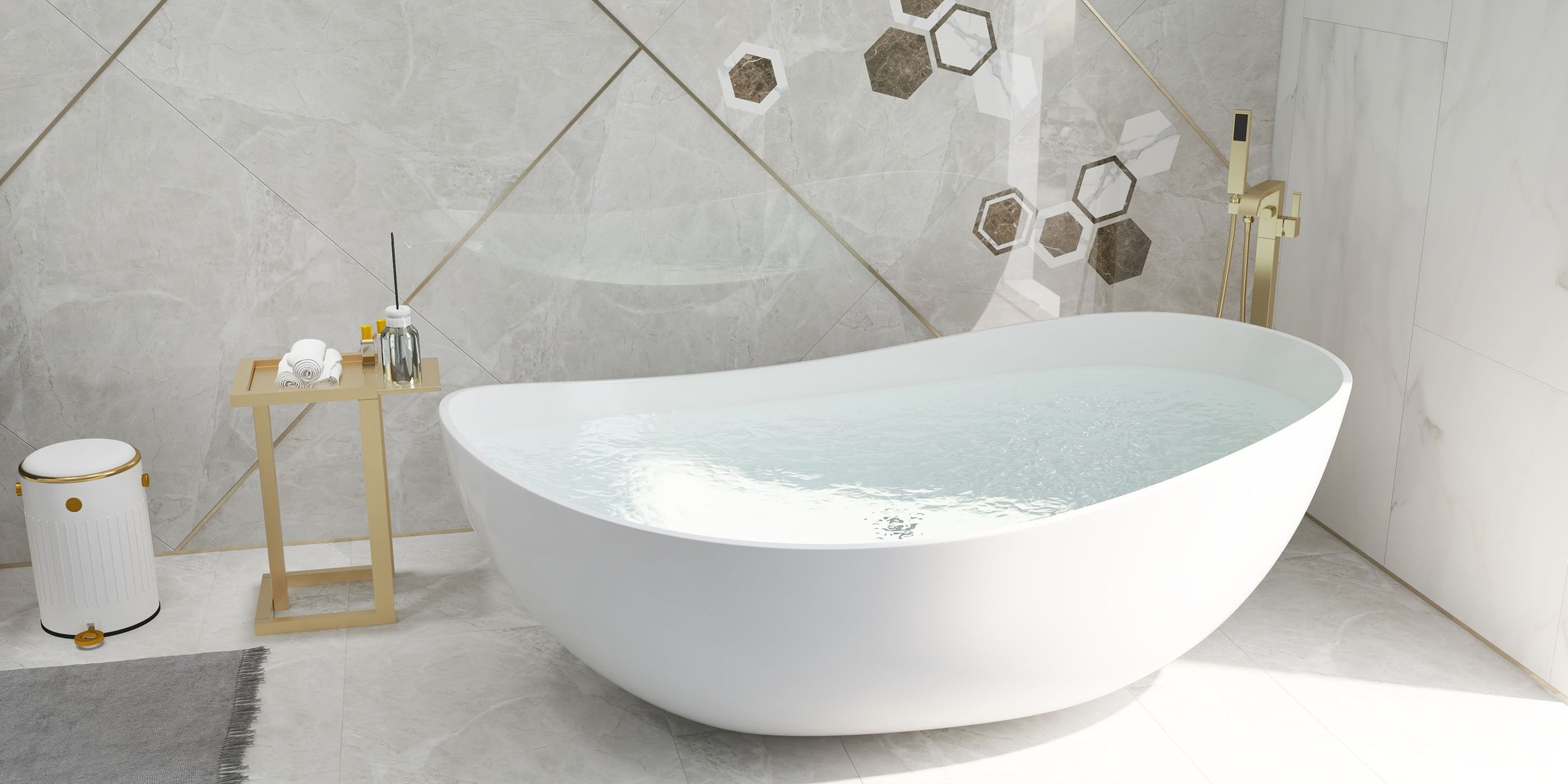 HMR - Dree Floor Mounted Faucet with Handheld Shower in Brushed Nickel, Brass