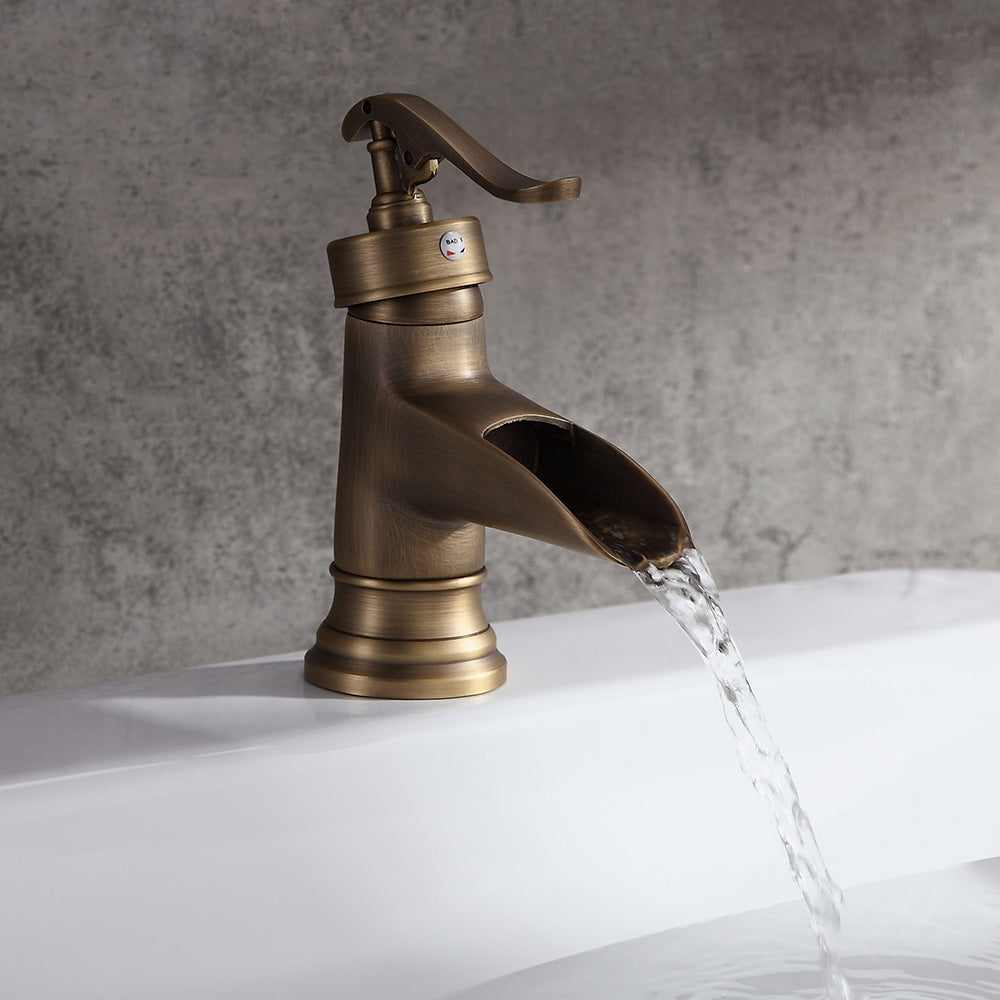 HMR - Single Hole Waterfall Bathroom Sink Faucet Solid Brass in Antique Brass
