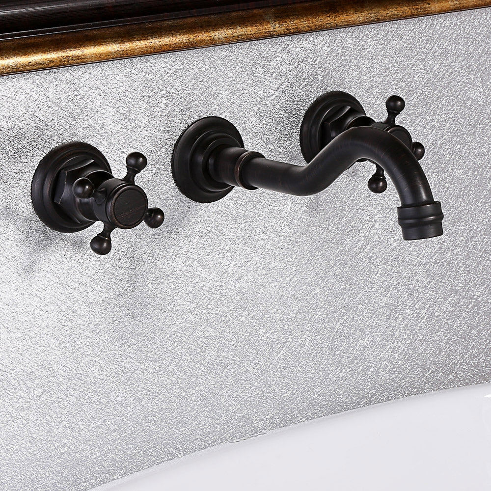 HMR - Chester Wall Mount Sink Faucet Double Cross Handle in Black, Brass