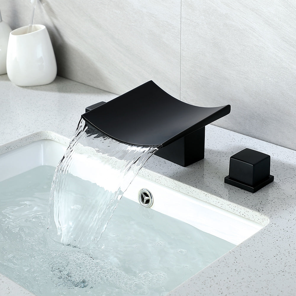 HMR - Waterfall Widespread Bathroom Sink Faucet with Double Knobs in Matte Black