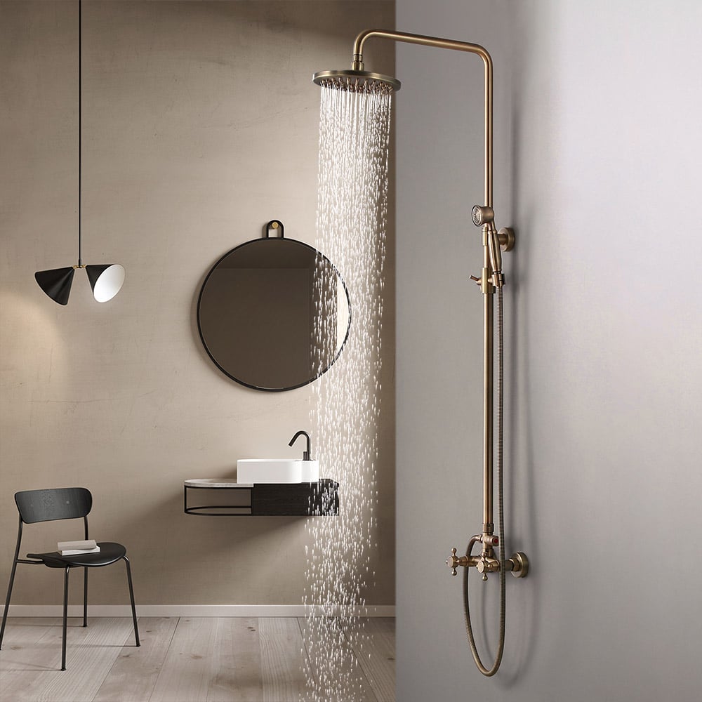 HMR - Two Handle Round Rainshower Shower Fixture in Antique Brass