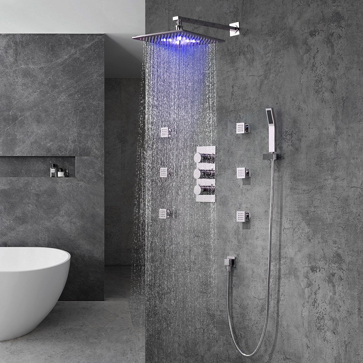 HMR - Wall Mount LED Thermostatic Shower Set with Hand Shower & Body Spray Jets