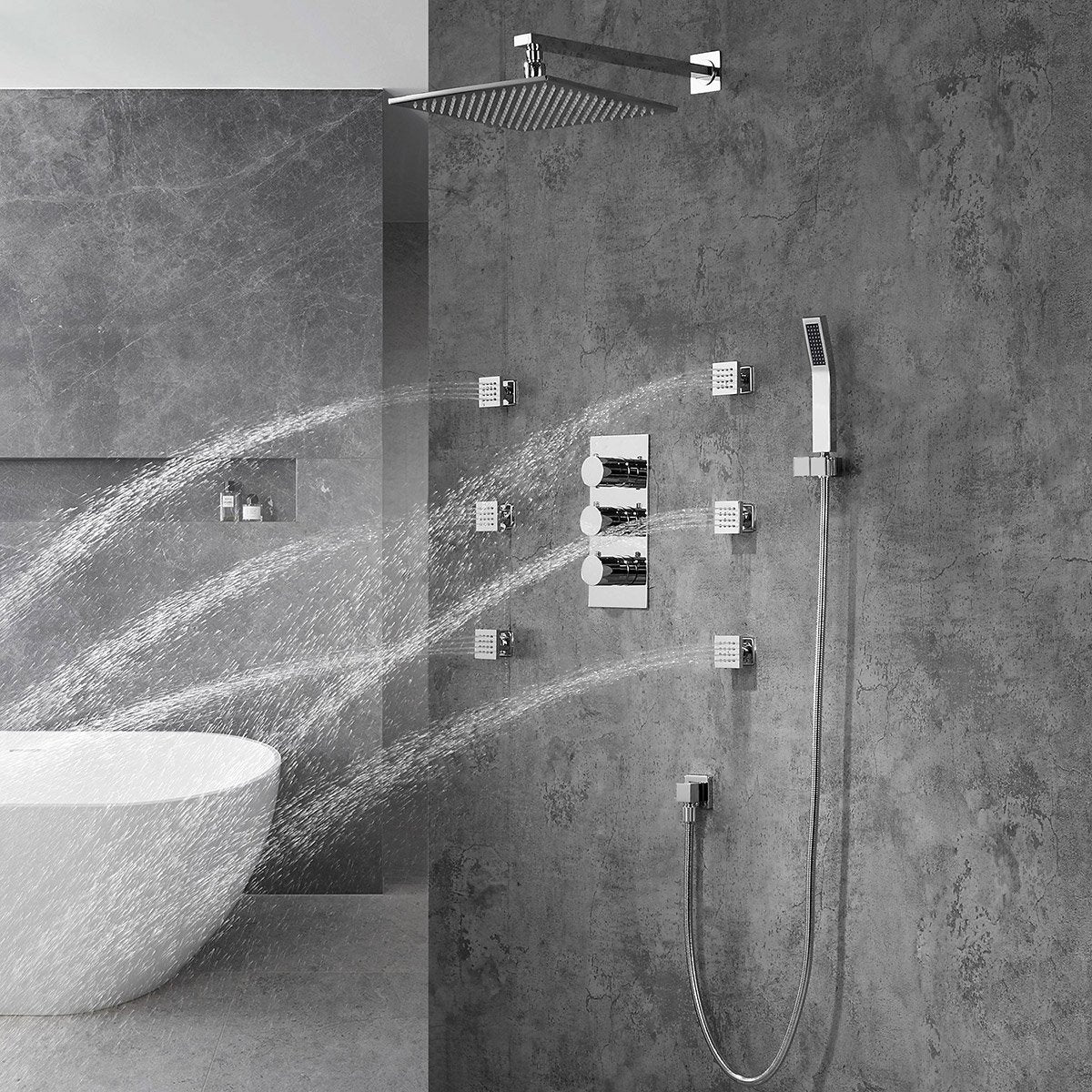 HMR - Wall Mount LED Thermostatic Shower Set with Hand Shower & Body Spray Jets