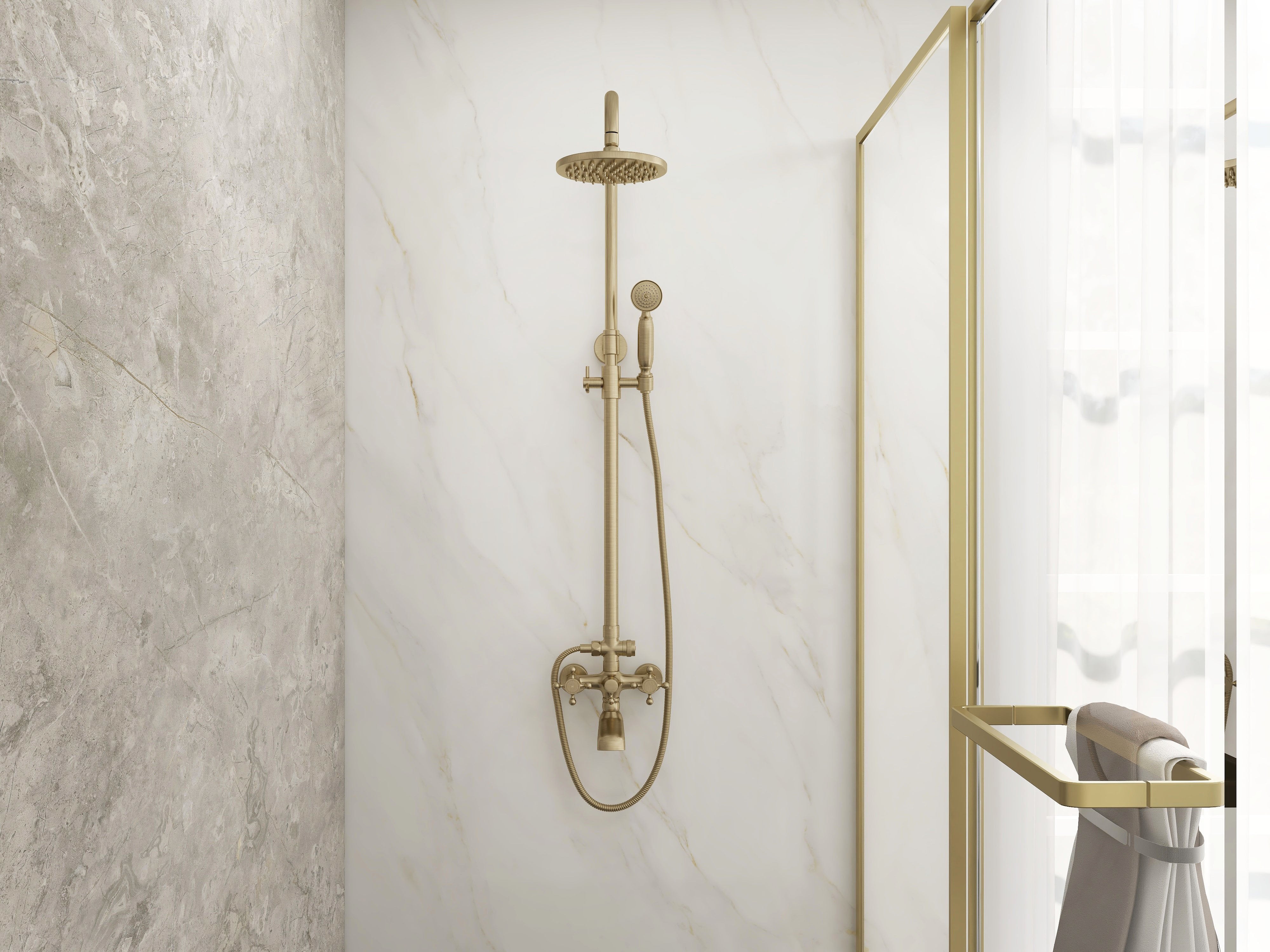 HMR - Rainfall Exposed Shower Fixture with Tub Spout in Antique Brass