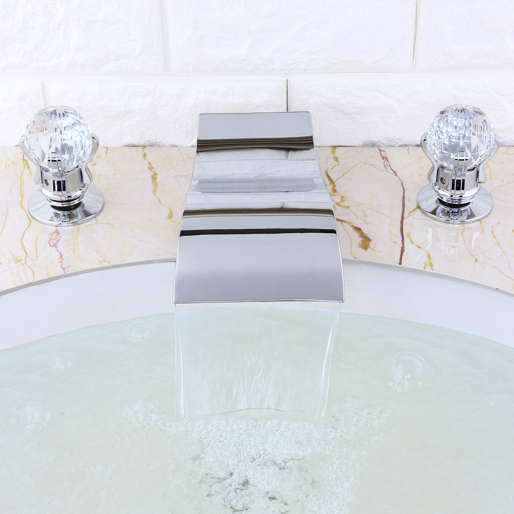 HMR - Deck Mount Bathroom Sink Faucet with 2 Crystal Handles in Solid Brass