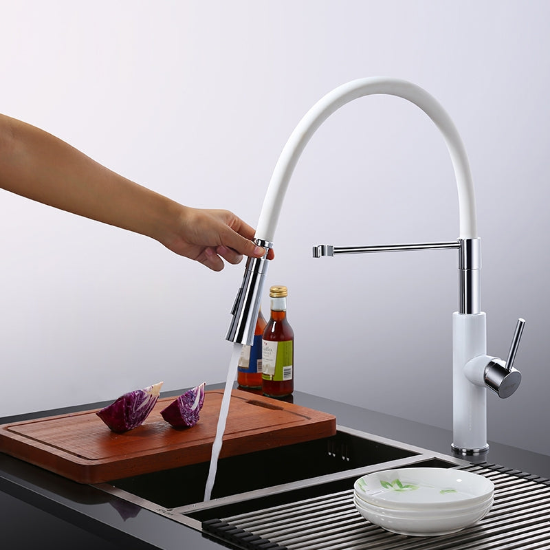 HMR - Single Handle Solid Brass Pull-Down Spray Kitchen Faucet in White