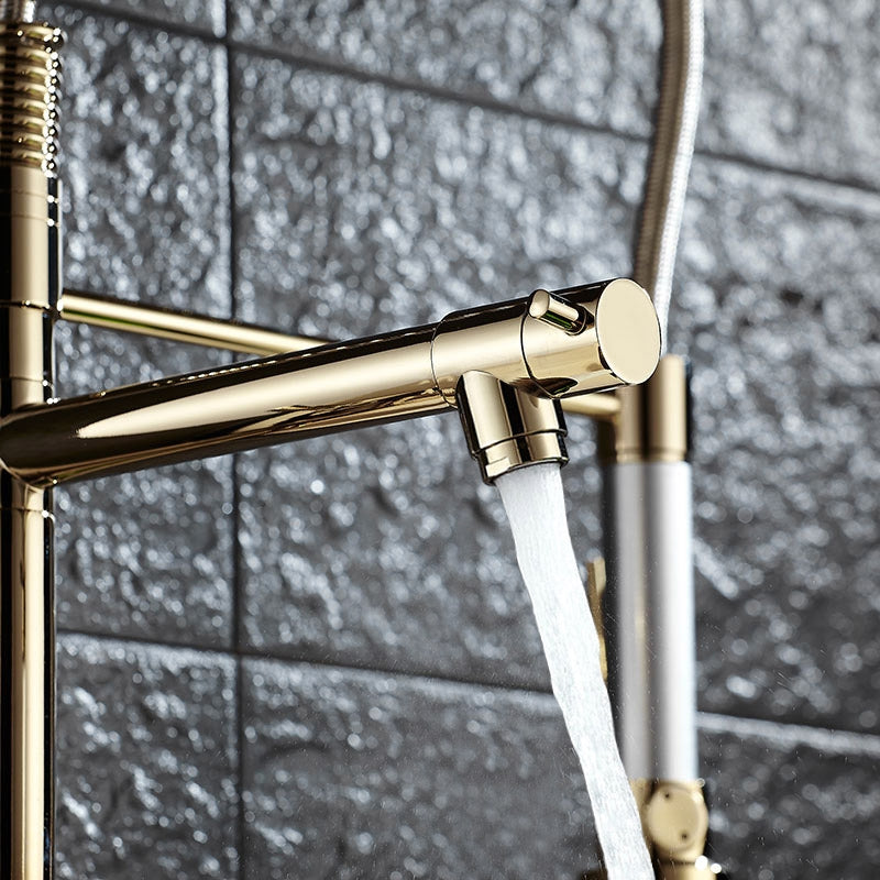 HMR - Brewst Single Hole Double Spout Pull Out Sprayer Kitchen Faucet in Solid Brass