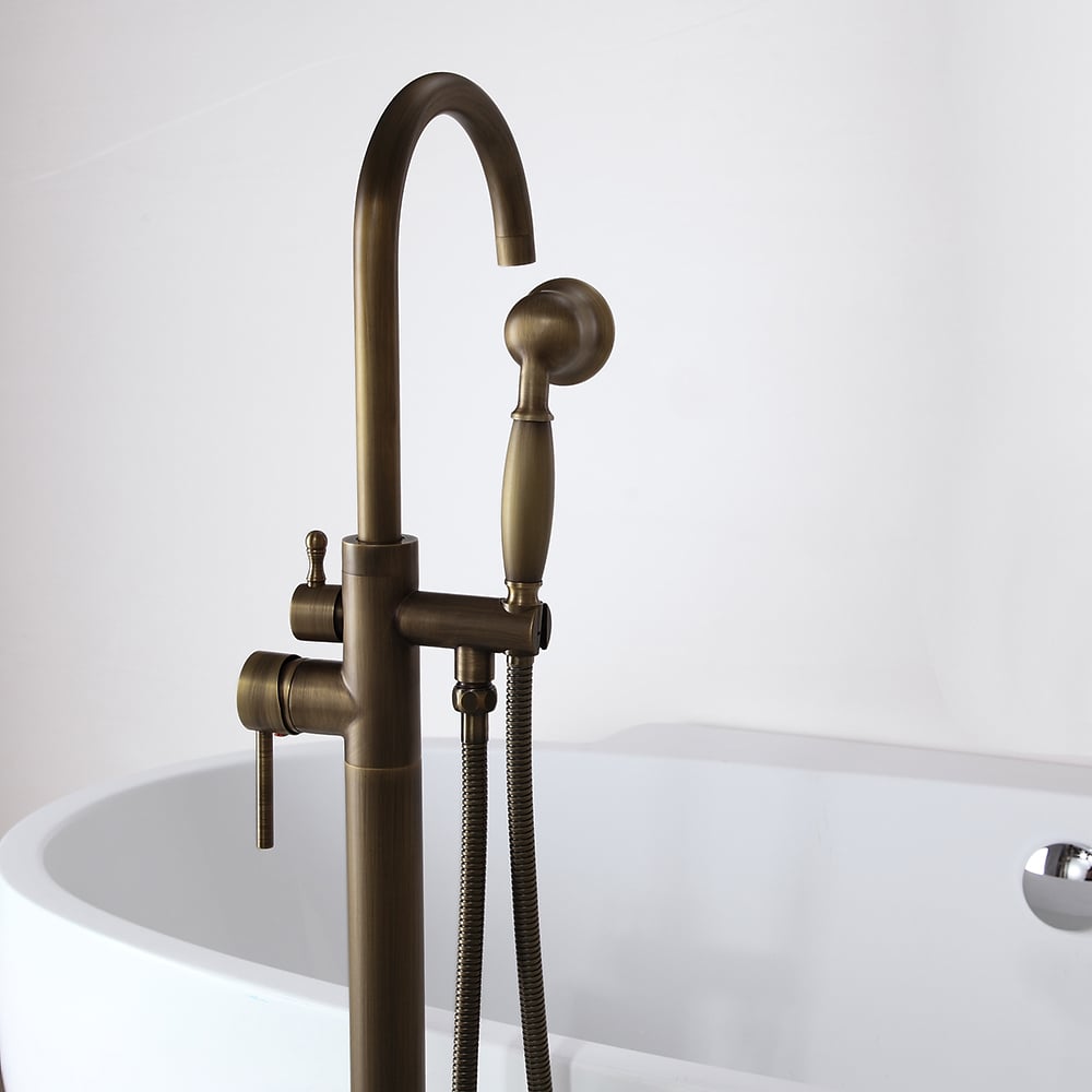 HMR - Swirling Spout Freestanding Tub Faucet with Handshower in Brass