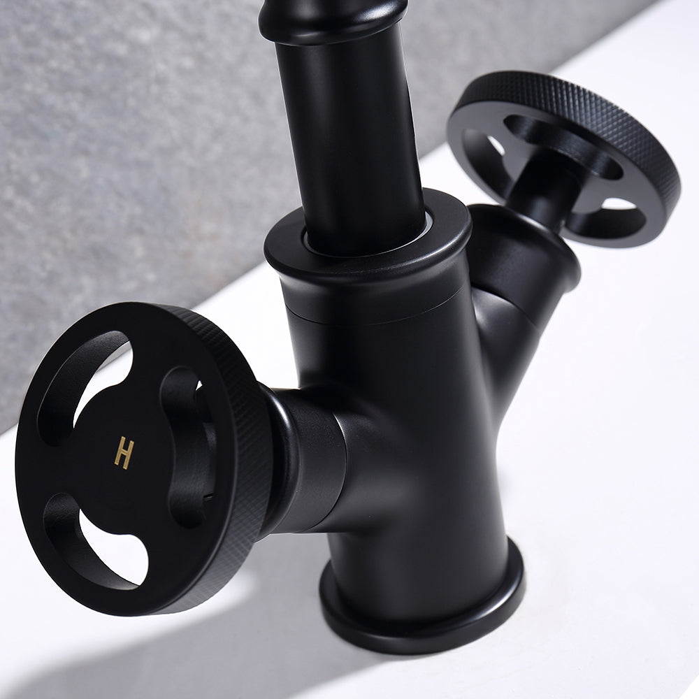 HMR - Ruth Pipe 1-Hole Sink Faucet Double Handles in Matte Black, Brass