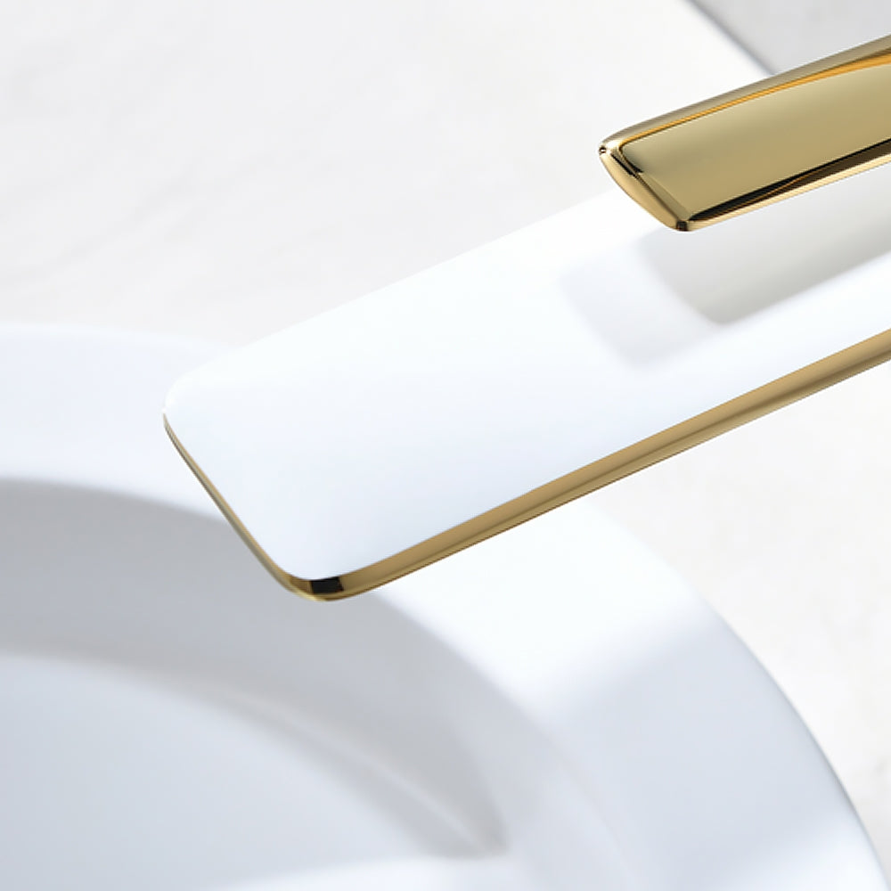 HMR - Single Handle Brass Vessel Bathroom Sink Faucet in White and Gold
