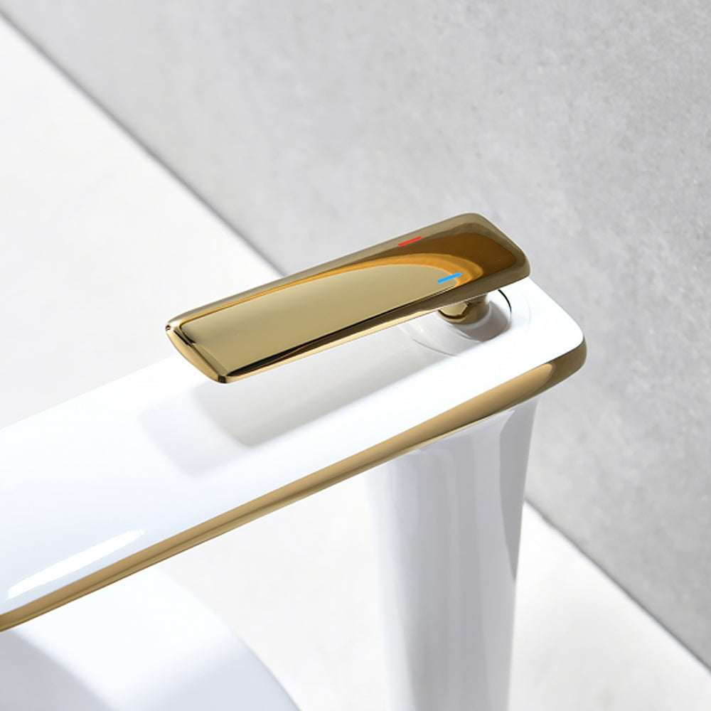 HMR - Single Handle Brass Vessel Bathroom Sink Faucet in White and Gold