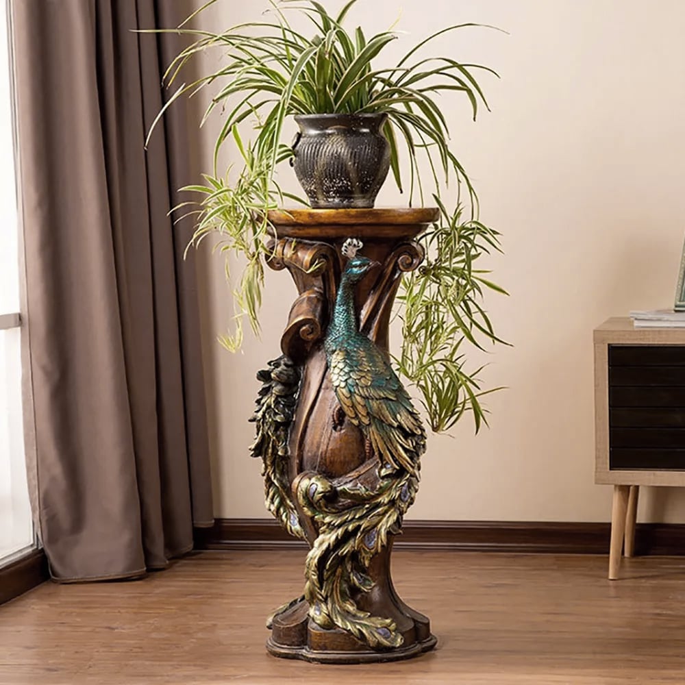 HMR - 32.5" Vintage Peacock Indoor Freestanding Planter in Multi-Colored