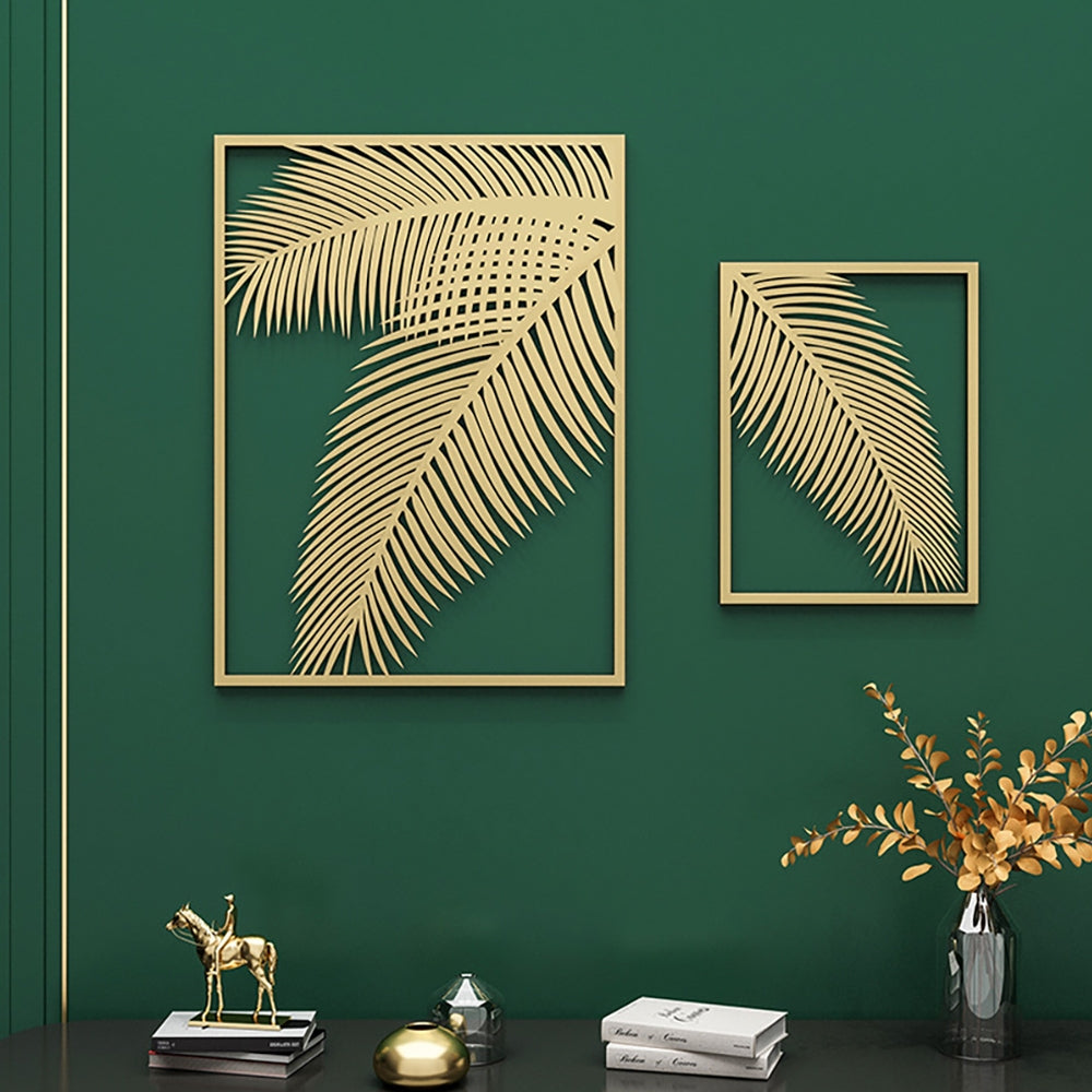 HMR - 2 Pieces Metal Wall Decor Rectangular Palm Leaf in Gold