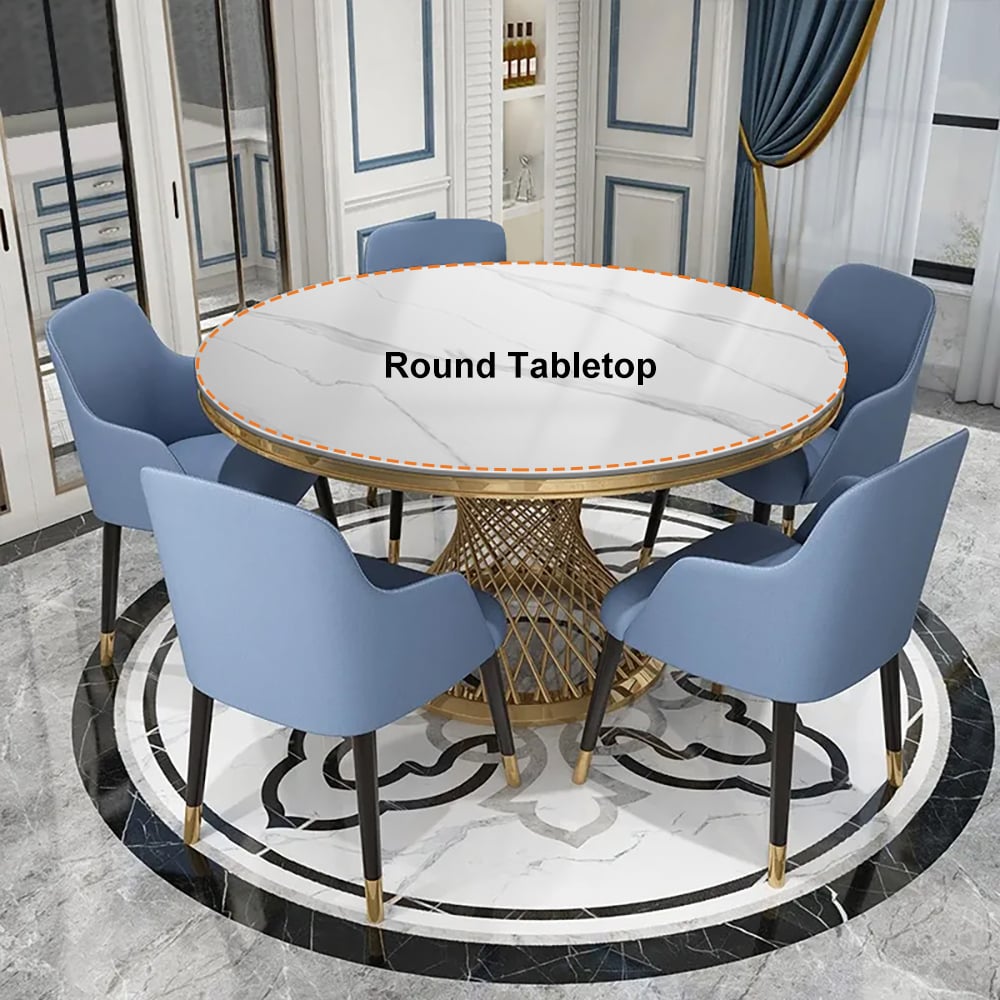 HMR - Round Dining Table with Stainless Steel Pedestal in 51"Dia, Marble, Gold