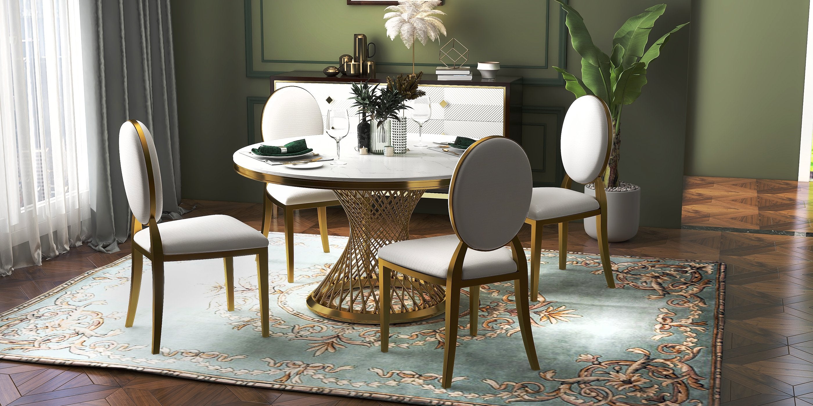 HMR - Round Dining Table with Stainless Steel Pedestal in 51"Dia, Marble, Gold