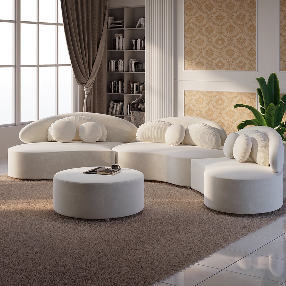 HMR - Curved Sectional Sofa with Ottoman & Pillows