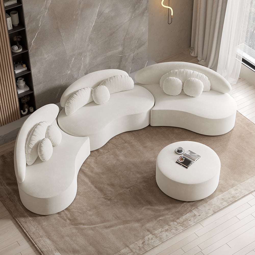 HMR - Curved Sectional Sofa with Ottoman & Pillows