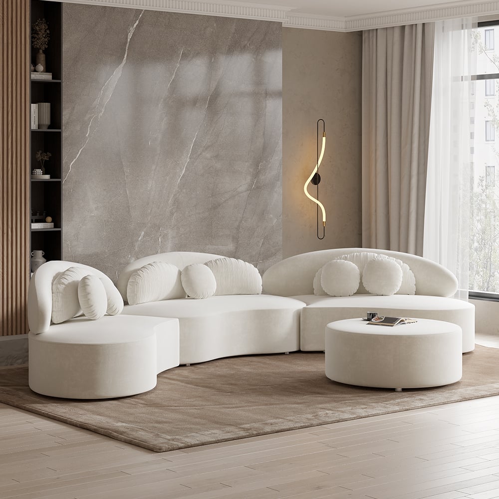 HMR - Curved Sectional Sofa with Ottoman & Pillows