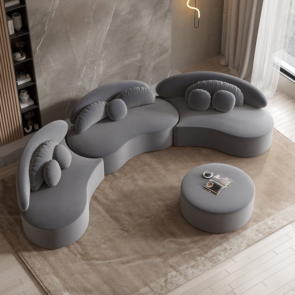 HMR - Curved Sectional Sofa with Ottoman & Pillows