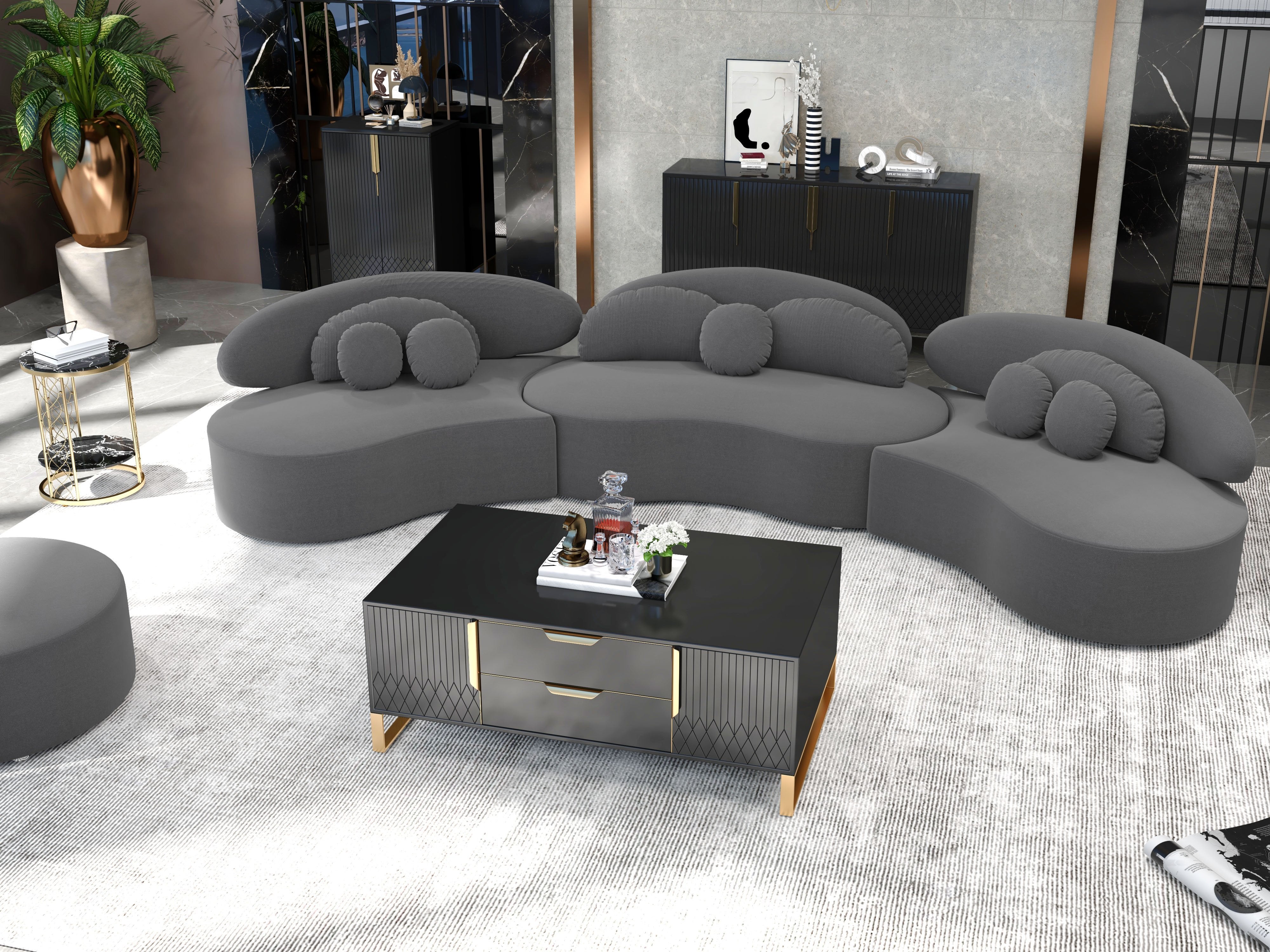 HMR - Curved Sectional Sofa with Ottoman & Pillows