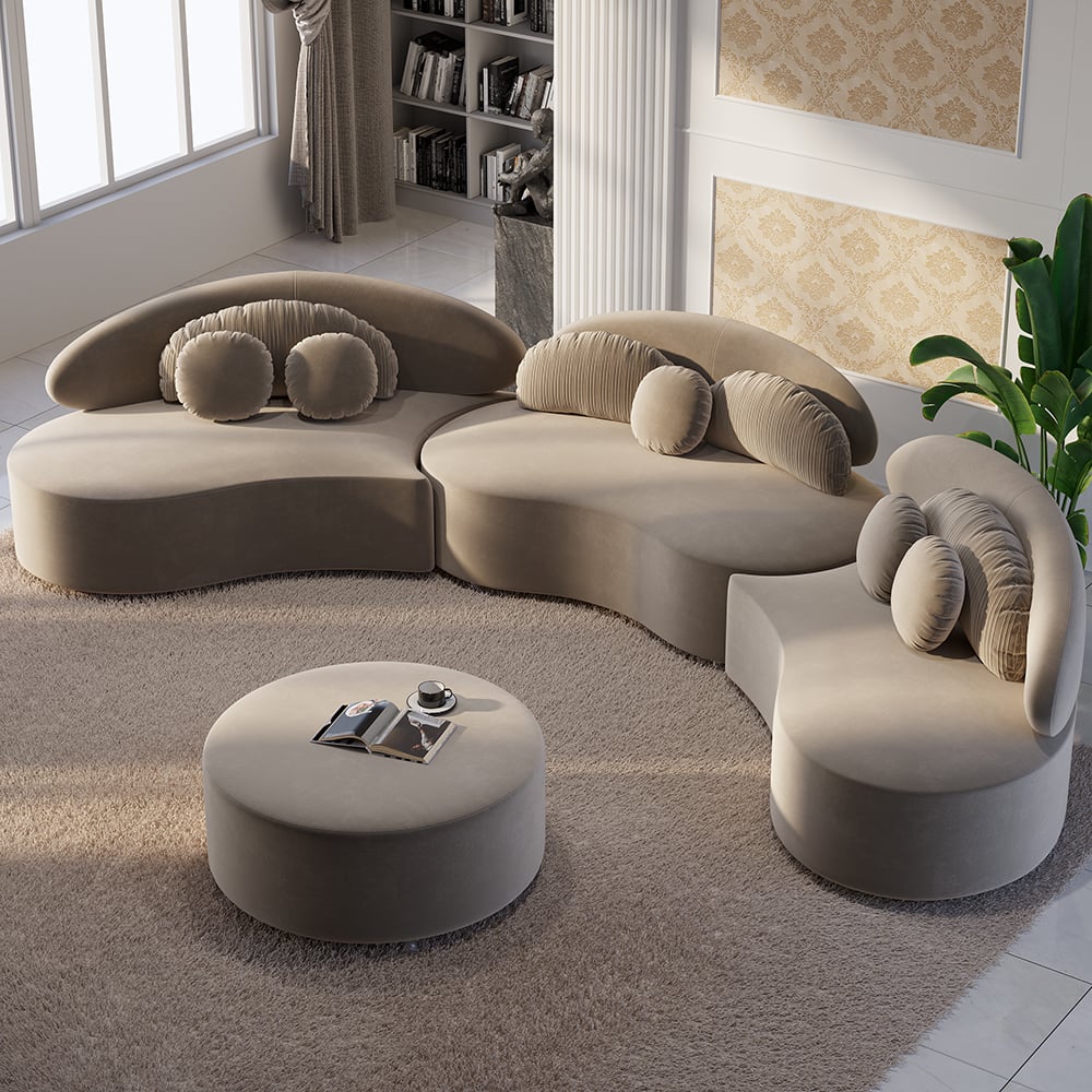 HMR - Curved Sectional Sofa with Ottoman & Pillows