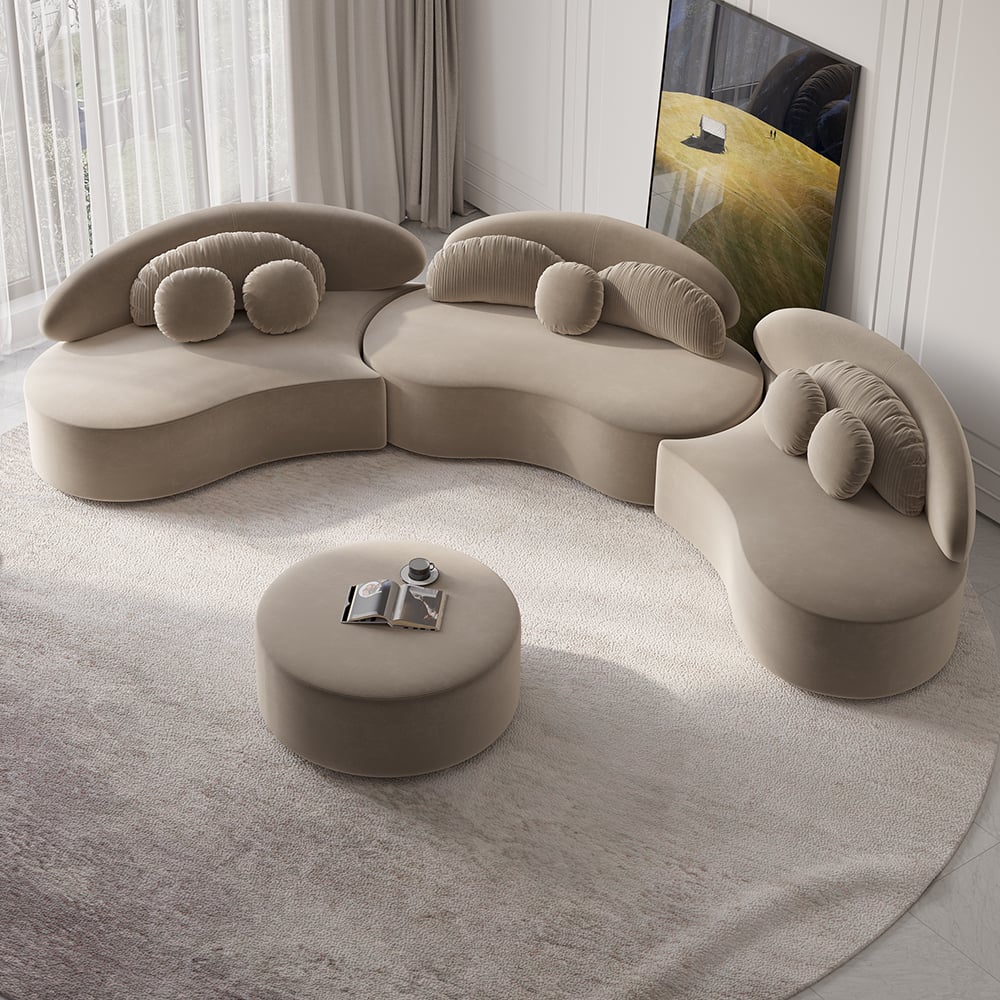 HMR - Curved Sectional Sofa with Ottoman & Pillows