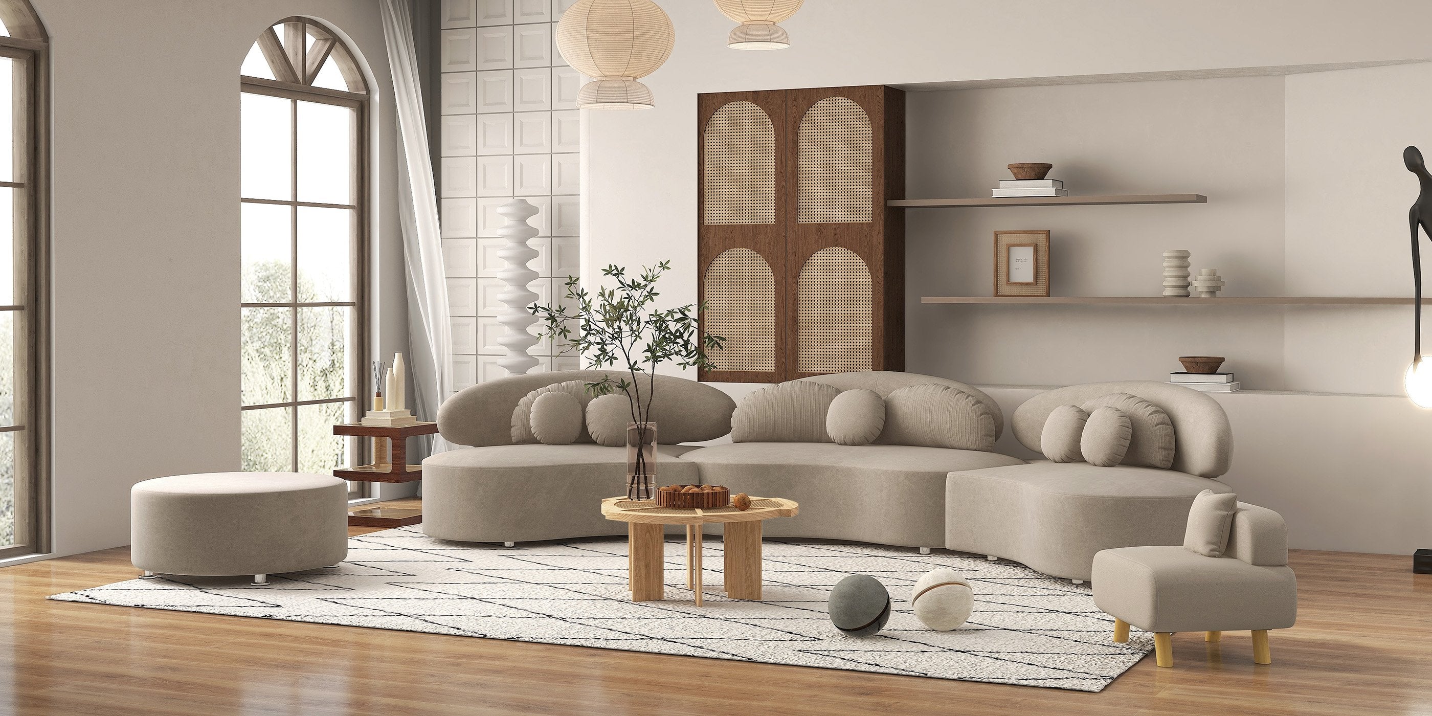 HMR - Curved Sectional Sofa with Ottoman & Pillows
