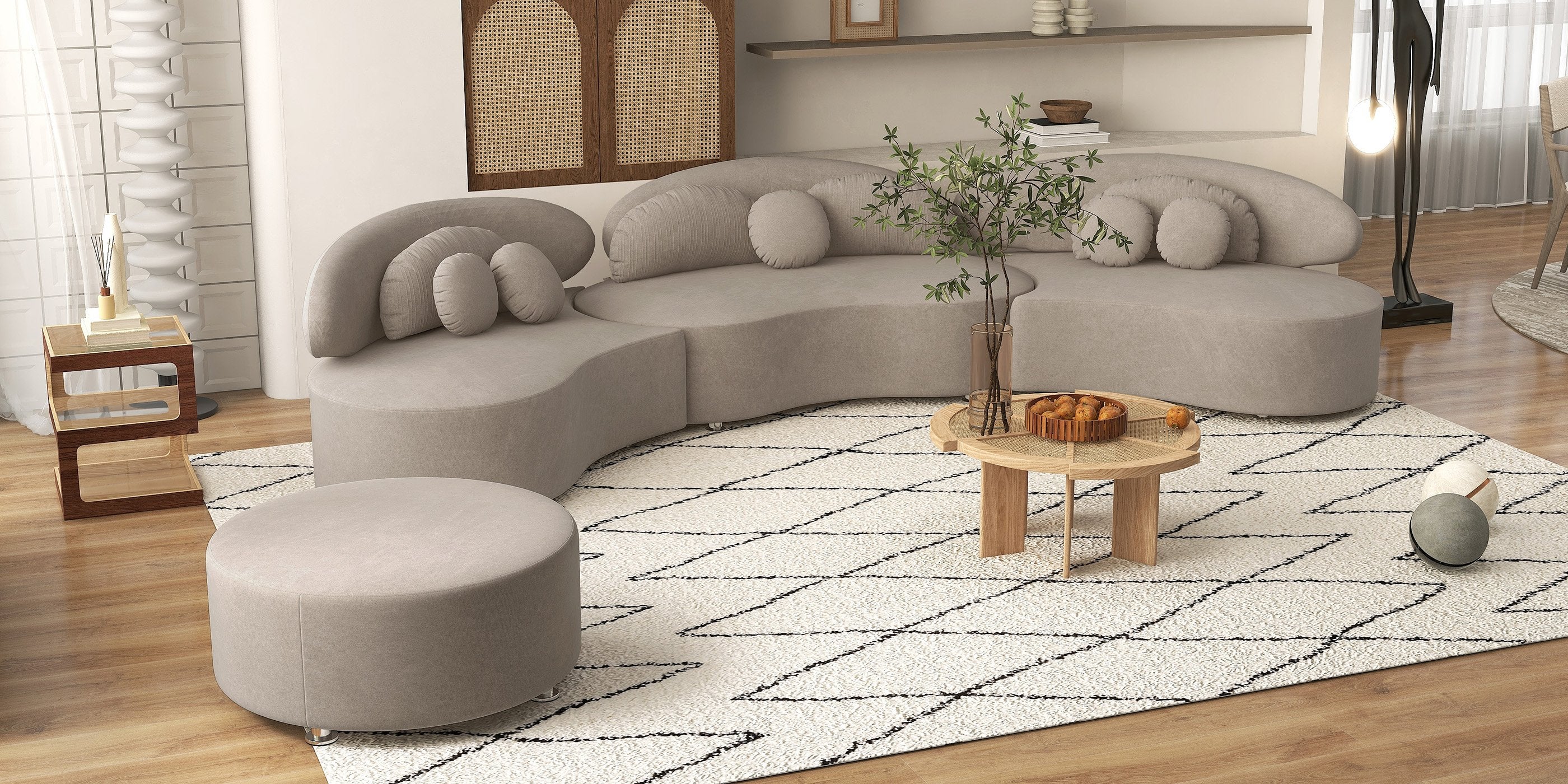 HMR - Curved Sectional Sofa with Ottoman & Pillows