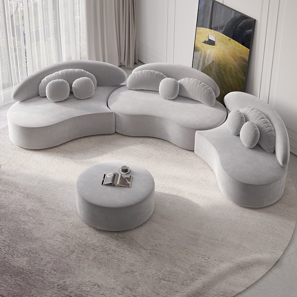 HMR - Curved Sectional Sofa with Ottoman & Pillows