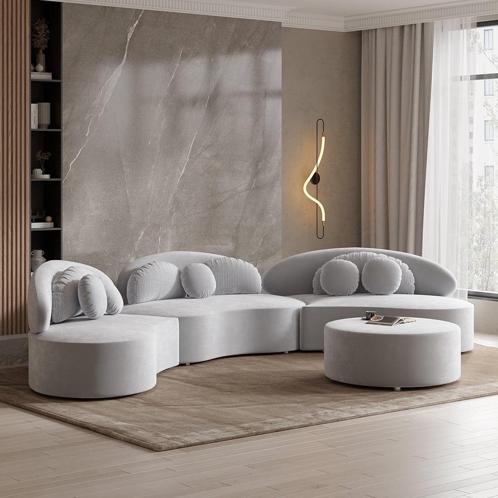 HMR - Curved Sectional Sofa with Ottoman & Pillows